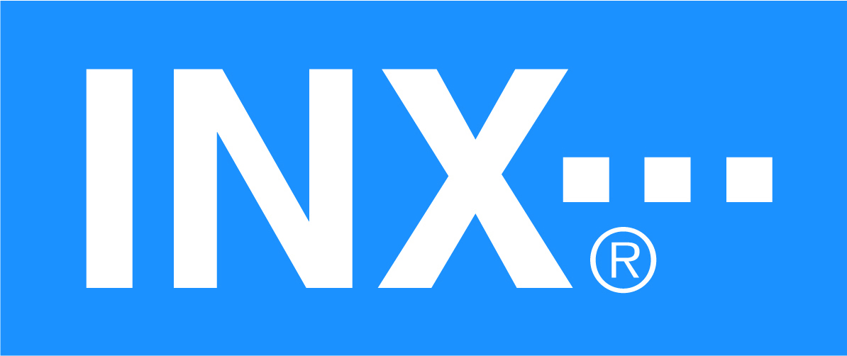 Логотип компании INX на синем фоне Белая INX на синем фоне